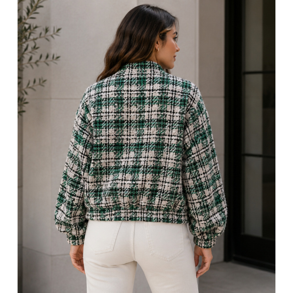 ZARA Women Tweed Plaid Bomber Jacket Zip Front Sz L Old Money Preppy Academia - Picture 8 of 13